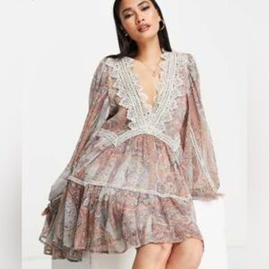 ASOS Design lace detail mini dress with tiered skirt in paisley print